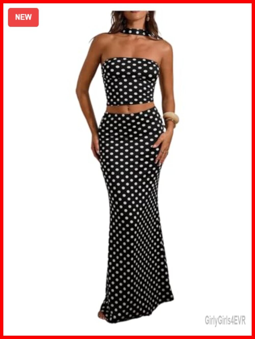 Women's 2 Piece Polka Dots Skirt Set Cropped Halter Top Long Skirt